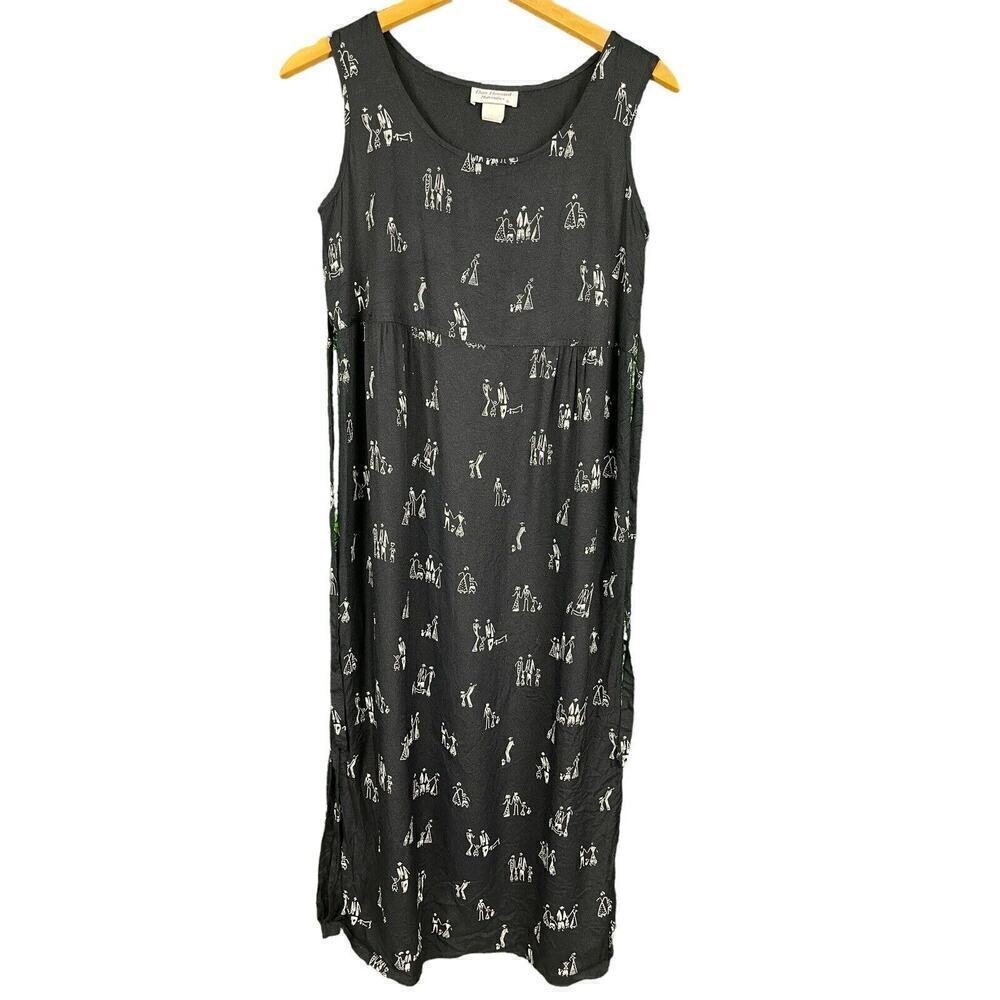 Dan Howard Black Maxi Dress Women Size Small Vintage Stick Family Print Tie Back - Picture 2 of 12